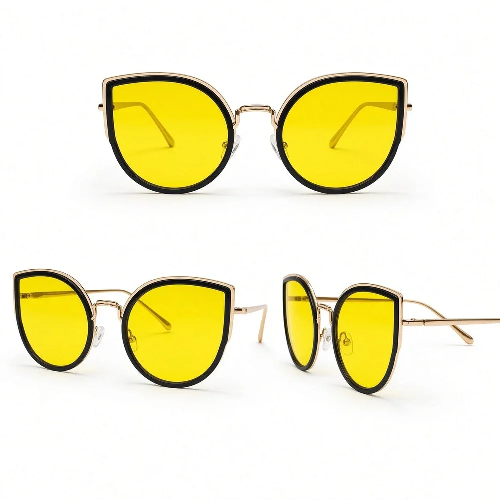 Womens Oversized Cat Eye Sunglasses Yellow Tinted Lens Gold Black Retro Frames